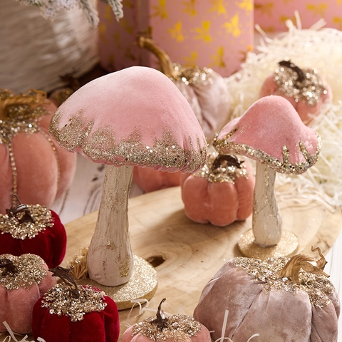 Ornamenti Natalizi A Fungo E Zucca In Velluto Glitter Oro Decorazione Da Tavolo Casa Festiva Regalo Accessori