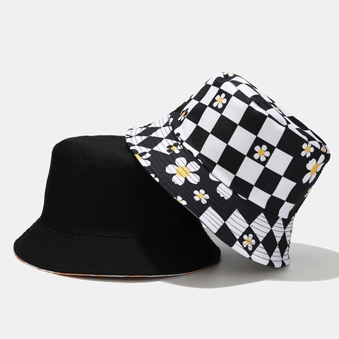 Cappello Alla Pescatora Reversibile Cotone Tela Scacchiera Stampa Margherita Floreale Estate Protezione Solare Spiaggia Donne