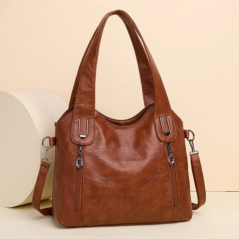 Women Large Capacity Tote Bag PU Leather Litchi Texture Multi Zipper Pockets Vintage Shoulder Handbag With Adjustable Strap