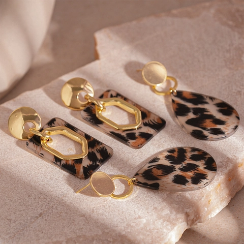 Pendientes Vintage Estampado Leopardo Gota Rectángulo Aleación Resina Con Poste De Plata De Ley 925 Retro