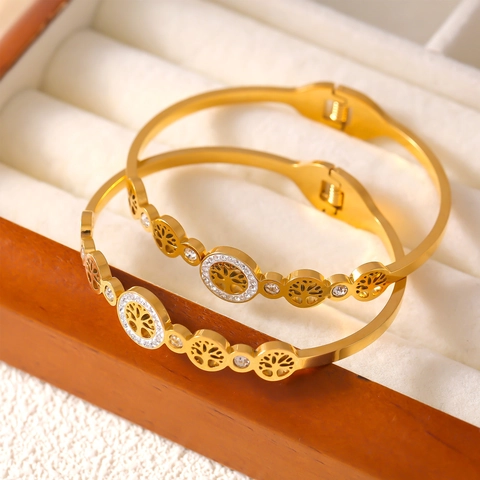 Vintage Hollow Out Tree Of Life Bangle For Women Titanium Steel Zirconia Inlaid Gold Plated Cuff Bracelet Jewelry Gift