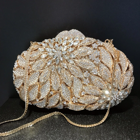 Luxus Abend Clutch Tasche Metall Hohl Strass Blumenmuster Bankett Party Handtasche Damen Abnehmbare Kette