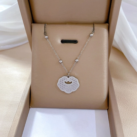 Titanium Stahl Anhänger Halskette Glücksschloss Fu Charakter Perlenkette Chinesischer Stil Minimalistischer Schmuck Für Damen