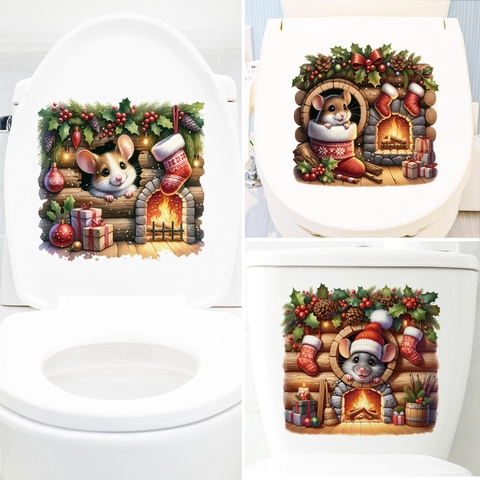 Christmas Mouse Hole Wall Sticker PVC Removable Decal For Toilet Lid Bathroom Decor Cute Hamster Festive Ornament