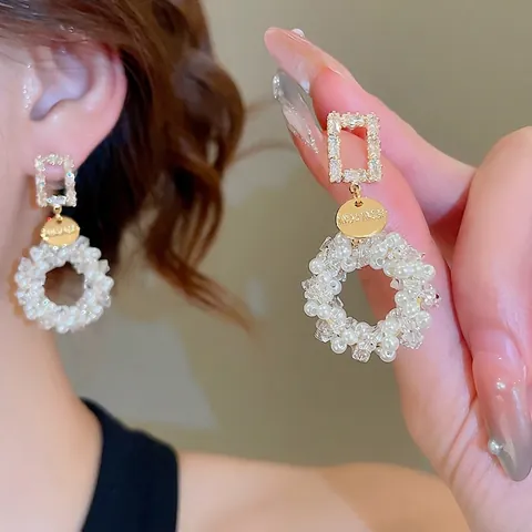 Hangende Oorbellen Met 925 Sterling Zilveren Oorsteker Zirkoon Koper Imitatieparel Kristal Geweven Ring Elegant Dames