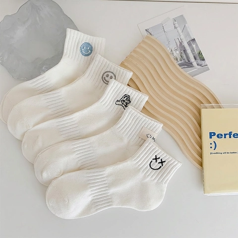 Calze Di Cotone Da Donna Ricamato Cartoon Smile Face Traspirante Polsino A Costine Bianco Casual Academy Style