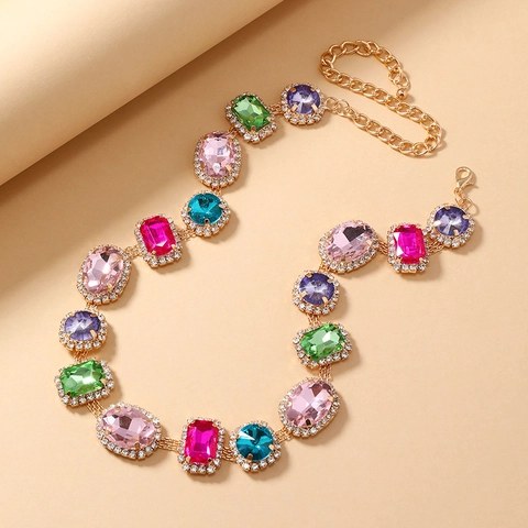 Vintage Geometrische Legierung Halskette Und Ohrringe Bunte Strass Künstliche Edelstein Chic Schmuck Für Frauen