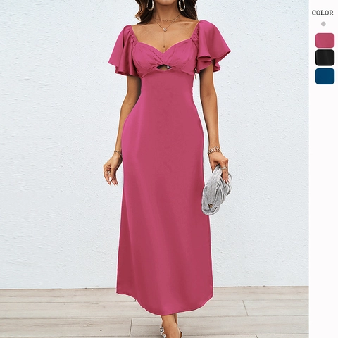 Dames Elegante Satijnen Polyester Maxi-Jurk Hartvormige Hals Cut-Out Fladdermouwen Open Rug Met Strik Slim Fit Avondfeest
