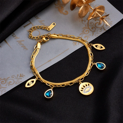Bracciale A Doppio Strato In Acciaio Inossidabile Placcato Oro Occhio Di Allah Pendenti Goccia Blu Gioielli Retro