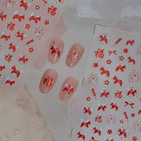 Adesivi Unghie Capodanno Cinese 5D Rilievo Rosso Oro Cavallo Fortunato Motivo Festivo DIY Manicure Decalcomanie Donne