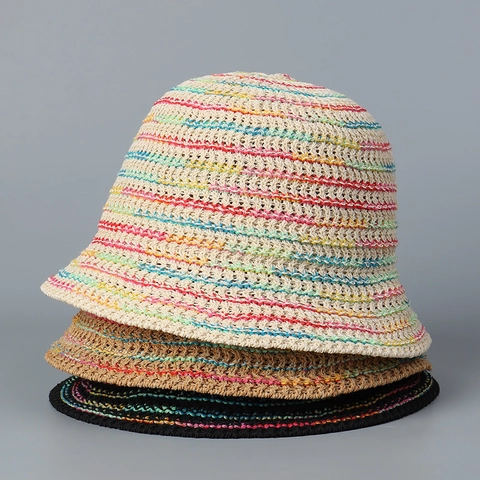 Cappello Da Pescatore In Maglia A Righe Arcobaleno Traspirante Pieghevole Uncinetto Protezione Solare Mare Moda Donna