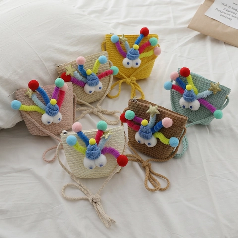 Kids Straw Woven Crossbody Bag Cute Cartoon Eyes Colorful Pom Poms Mini Shoulder Purse For Girls Summer Accessory