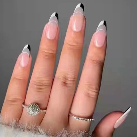 Faux Ongles À Presser Style Français Color Block Noir Blanc Forme Amande Base Rose Transparente Mode