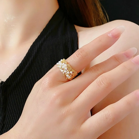 Anello Perla Artificial Rame Zirconia Cubica Design Aperto Regolabile Gioiello Da Dito Moda Lusso Per Donna