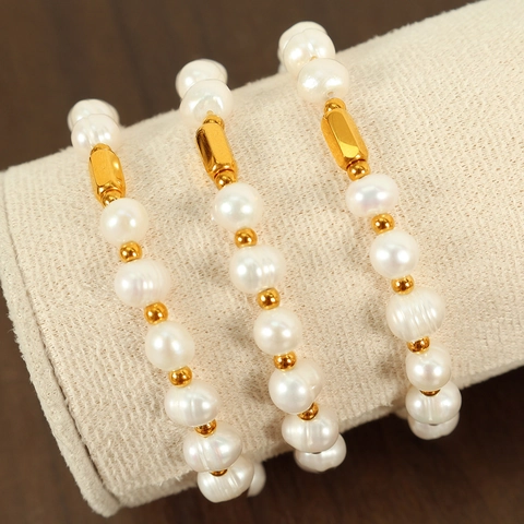 Freshwater Pearl Titanium Steel Bracelet Gold Plated Minimalist Elastic Beaded Bracelet For Women Gift Jewelry