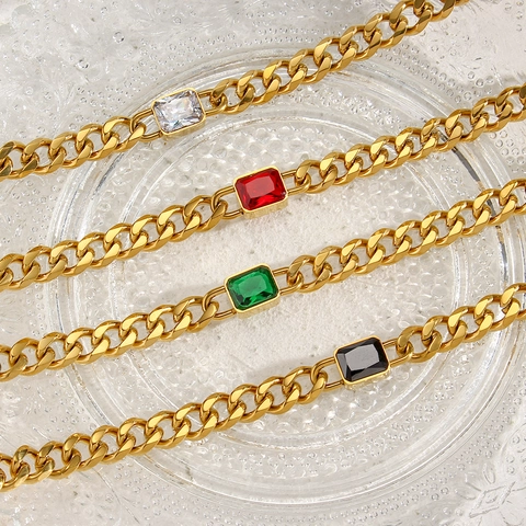 Vintage Stainless Steel 18K Gold Plated Cuban Link Chain Necklace With Square Zirconia Pendant For Women Fashion Jewelry