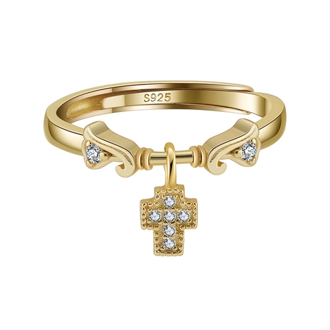 Anello Regolabile in Argento Sterling 925 con Croce per Donna con Intarsio in Zirconia Placcato Oro Argento Gioielli Religiosi
