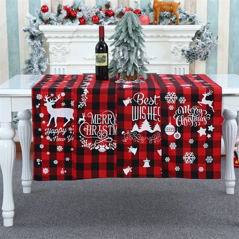 Camino De Mesa Navideño Cuadros Rojos Negros Algodón Lino Reno Copo Nieve Impreso Decoración Comedor Festivo