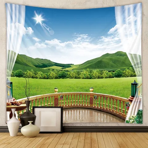 Arazzo Da Parete Poliestere Paesaggio Naturale 3D Vista Finestra Cascata Foresta Galassia Sfondo Decorativo