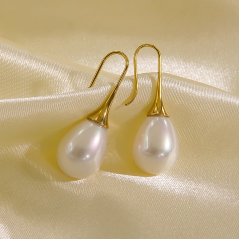 Orecchini Pendenti Con Perla Artificial In Acciaio Inossidabile Placcato Oro 14K Perla Artificial Di Conchiglia Gioielli Francesi Da Donna