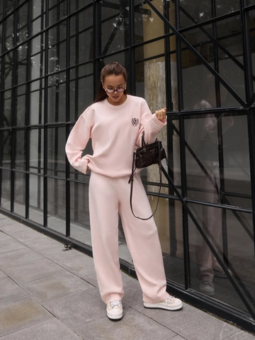 Pullover In Maglia Da Donna E Pantaloni A Gamba Larga Rosa Misto Cotone Distintivo Ricamato Casual Autunno Inverno