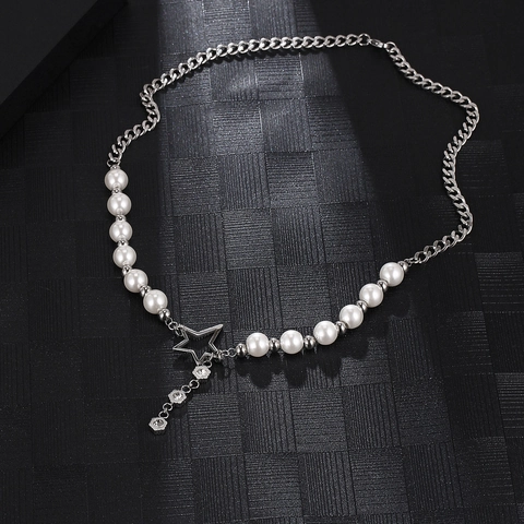 Titanium Stahl Spleißperlenkette Mit Holen Stern Anhänger Strass Charme Hip Hop Schmuck Für Damen Herren