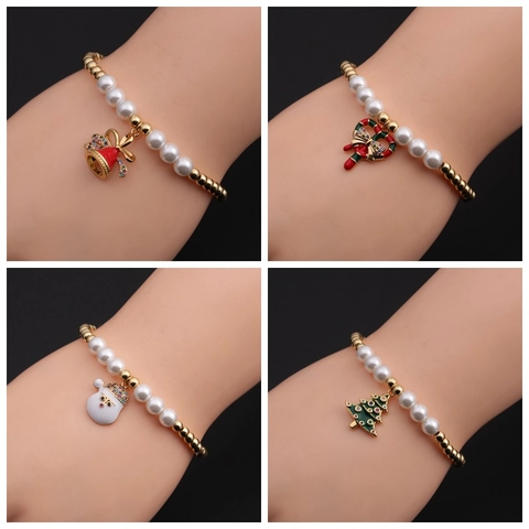 Pulsera De Cuentas De Navidad Cobre Con Perlas Artificiales De Imitación Esmalte Papá Noel Muñeco De Nieve Colgantes Campana Joyería Zircón