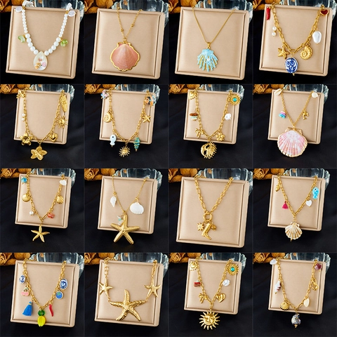 Oceaanthema Roestvrijstalen Halsketting Verguld Schelp Zeester Kunstparel Zon Hanger Boheemse Strand Vakantie Sieraden