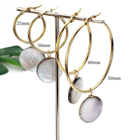 Stainless Steel Hoop Earrings With Natural Black Shell Round Pendant Minimalist Bohemian Style Jewelry For Women