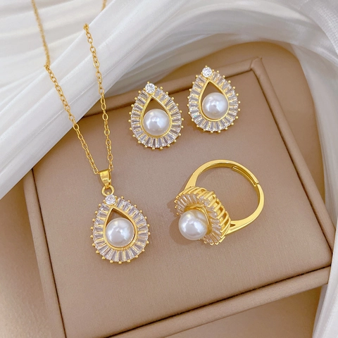 Water Drop Artificial Pearl Cubic Zirconia Necklace Earrings Ring Gold Plated Stainless Steel Jewelry Elegant For Women