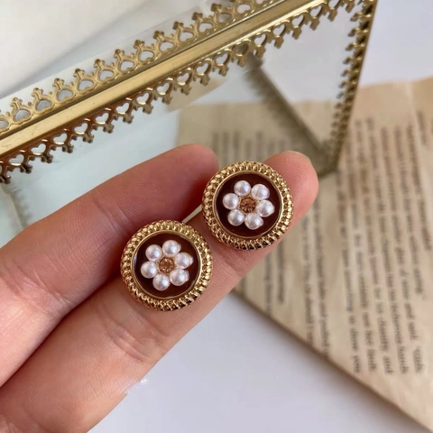 Orecchini A Lobo Floreali Vintage Francesi Lega Placcata Oro Smalto Perla Artificial Sintetica Elegante Gioielli Per Donne