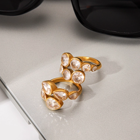 Cluster Zirkon Wickelring Edelstahl 18K Vergoldet Verstellbar Offenes Band Eleganter Schmuck Für Damen