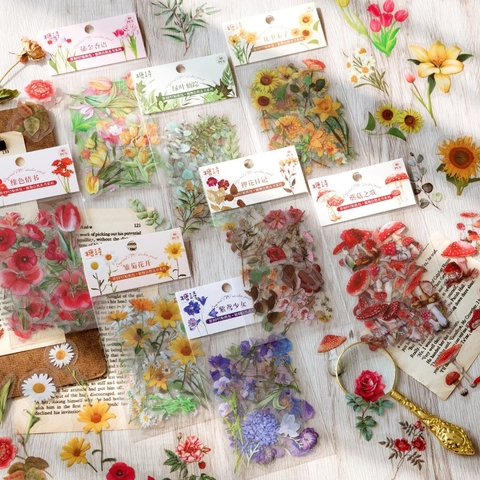 Floral Plant PET Stickers Waterproof Vintage Watercolor Mushroom Flower Leaves For DIY Scrapbooking Journal Planner Decoration Stationery