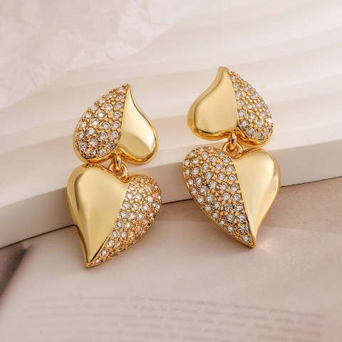 Dames High End Koper Goud Zilver Vergulde Dubbel Hart Druppel Oorbellen Strass Hanger Oorbellen Mode Sieraden