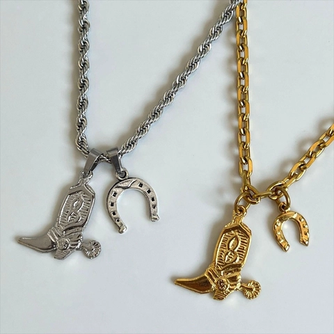 Stainless Steel Cowboy Boots Hat Horseshoe Pendant Necklace Western Jewelry Gold Silver Plated Chain For Men Women