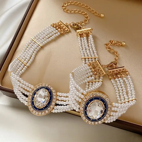 Collana E Bracciale In Künstliche Perle Imitazione Multifilo Vintage Cristallo Ovale Smalto Blu Lega Strass Stile Palazzo Da Donna