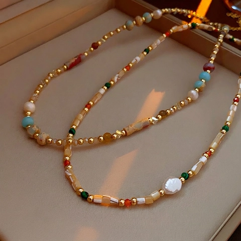 Baroque Freshwater Pearl Necklace Colorful Beaded Clasp Choker Bohemian Vintage Alloy Stone Charm Necklace For Women Jewelry