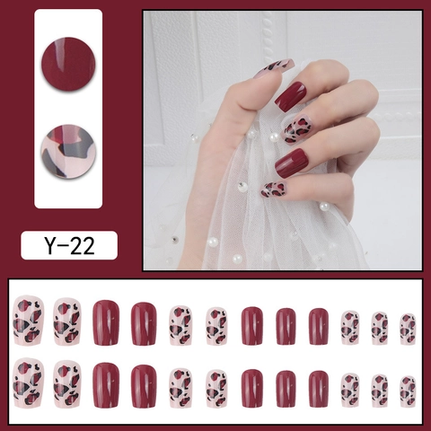 Uñas Postizas Color Vino Tinto Y Estampado De Leopardo Brillantes Impermeables Removibles Para Mujeres Boda Fiesta