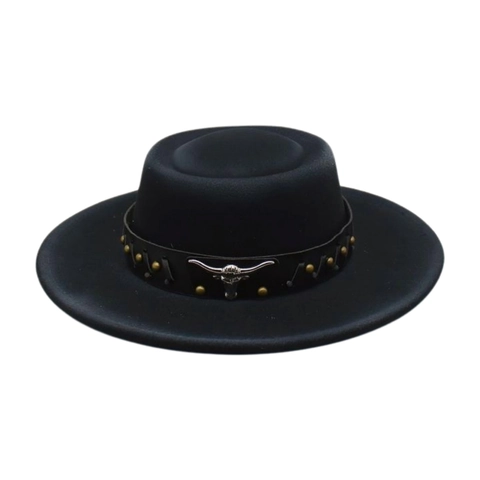Cappello Fedora a Tesa Piatta Western Cowboy per Donna in Feltro di Cotone Poliestere Cappello Jazz Con Testa di Toro e Borchie