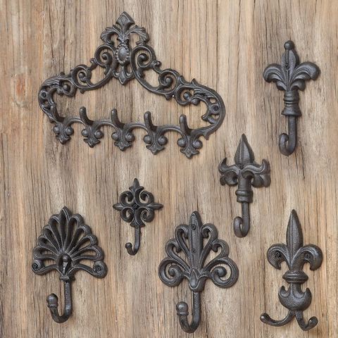Vintage Cast Iron Wall Mounted Hooks Decorative Metal Coat Rack Antique Rustic Style Entryway Garden Home Wall Decor