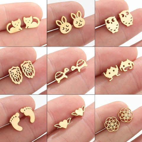 Pendientes de Botón de Animales de Acero Inoxidable Minimalistas Gato Conejo Tortuga Búho León Joyas de Moda para Mujer