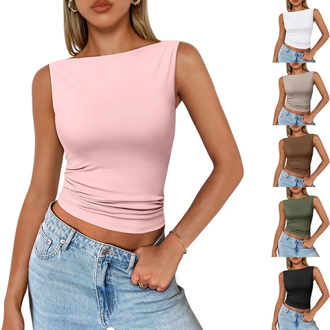 Women Slim Fit Tank Top Polyester Elastic Boat Neck Solid Color Sexy Y2K Sleeveless Streetwear Base Layer