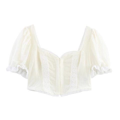 Camicetta Retro Francese Con Scollo Quadrato E Maniche A Sbuffo Donna Finiture In Pizzo Corta Con Bottoni Top Dolce