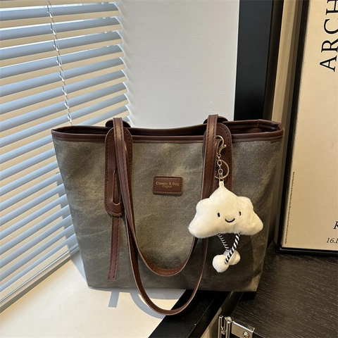 Bolso Tote Mujer Gran Capacidad Lona Lavada Ribete Cuero PU Bolso De Hombro Para Trabajo Moda Simple Casual De Mano