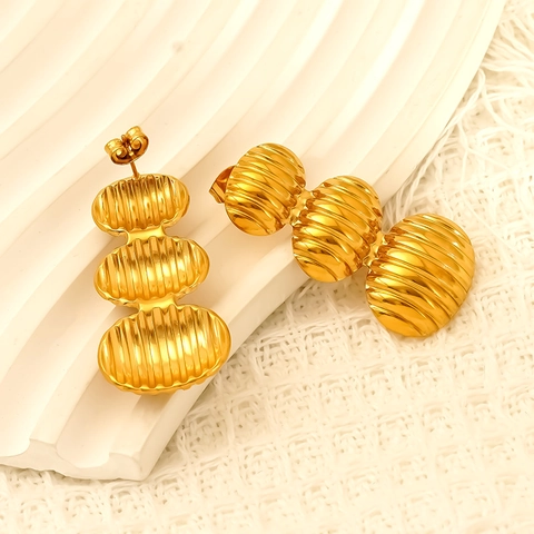 18K Gold Plated 304 Stainless Steel Drop Earrings Ribbed Textured Triple Tiered Oval Geometric Vintage Elegant Jewelry