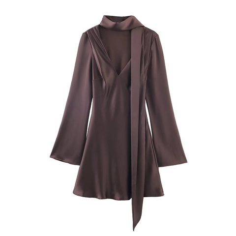 Satin Mini Dress With V Neck And Scarf Tie Long Bell Sleeves Solid Color Women Elegant Evening Party Fashion