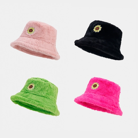 Cappello Da Pescatore In Peluche Patch Girasole Pelliccia Sintetica Caldo Inverno All Aperto Moda Per Donne