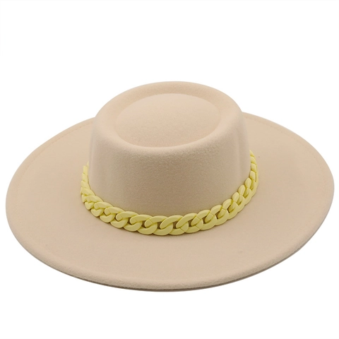 Cappello Fedora In Feltro Di Lana A Tesa Larga Testa Piatta Con Catena Grossa In Plastica Berretto Da Jazz Vintage Per Uomo E Donna