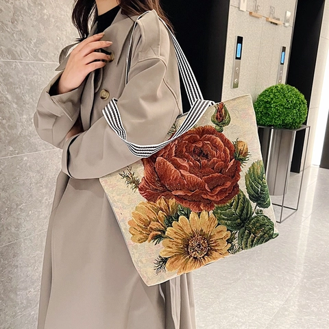 Vintage Floral Print Canvas Tote Bag Large Capacity Shopping Shoulder Handbag Striped Handles Zipper Closure For Women