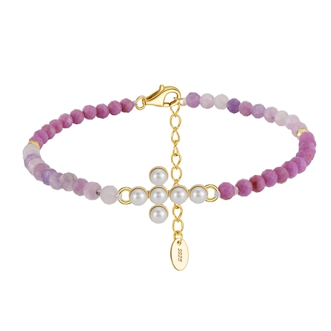 Pulsera de Cuentas de Purpurita Natural Con Colgante de Cruz de Perla de Agua Dulce Chapado en Oro 14K Plata de Ley 925 para Mujer